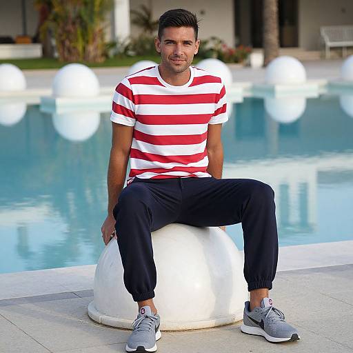Man in Striped Tee by Reflecting Pools