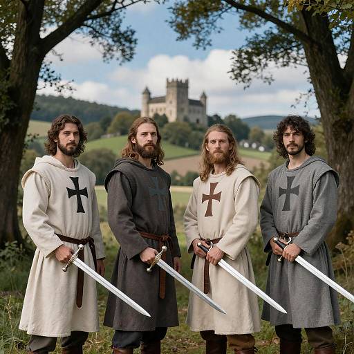 Medieval Knights with Swords in Front of Castle