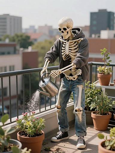 Skeleton Watering Plants on Urban Balcony