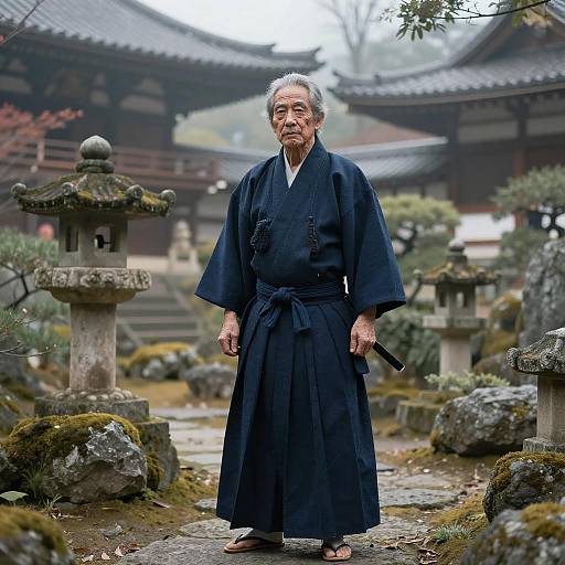 Elderly Samurai in Ancient Japanese Temple Garden