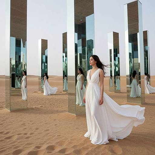 Photograph of a pregnant woman in a flowing white dress standing in a desert, surrounded by tall mirrored panels reflecting her image.