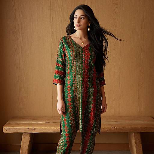 Photograph of a dark-haired woman in a green and red embroidered traditional dress, standing against a wooden wall with a wooden bench.