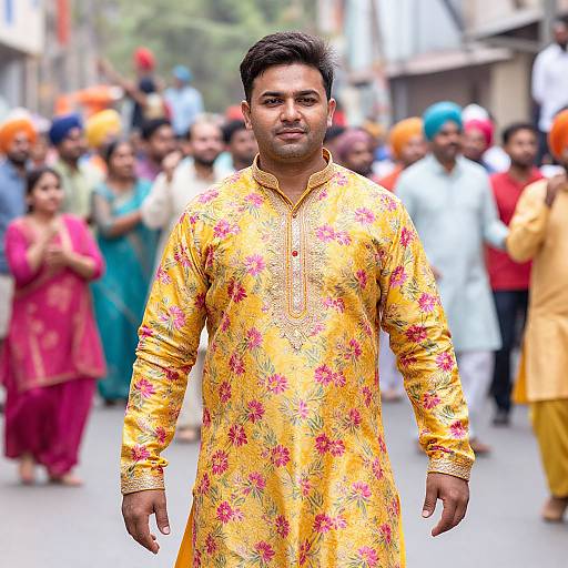 Photograph of a muscular South Asian man in a yellow floral kurta, standing confidently in a busy street with colorful-clothed crowd.