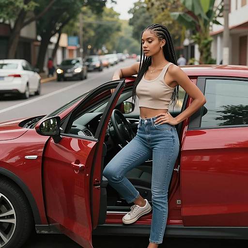 Chic Woman with Sporty Red Hatchback
