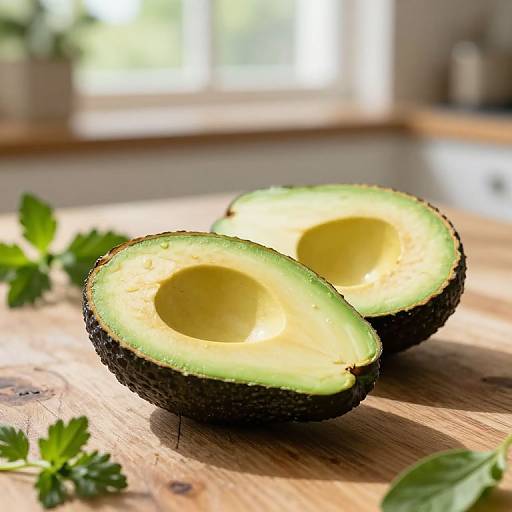 Photograph of two halved ripe avocados with bright green flesh and dark textured skin on a wooden table, surrounded by fresh parsley leaves. Bright