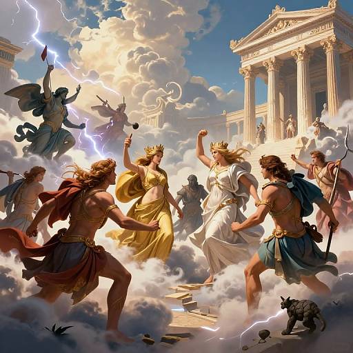 Digital painting of Zeus-like gods in golden and white togas, crowns, and sandals, battling winged demons with lightning, in a cloudy,