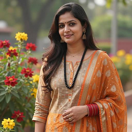 Indian Woman in Orange Salwar Kameez in Garden