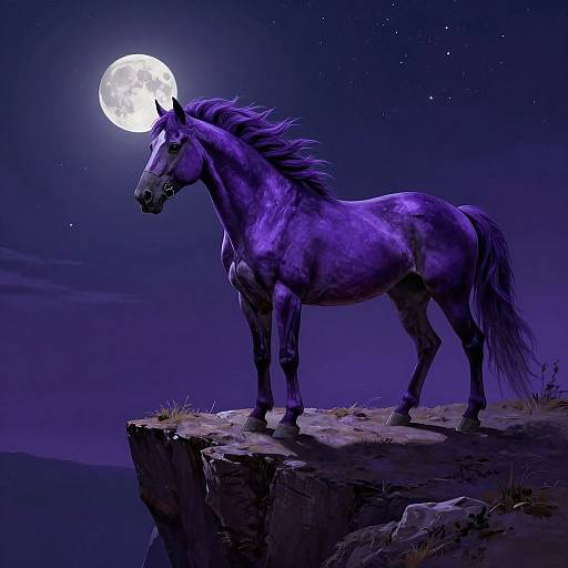 A luminous, purple-hued horse stands on a cliff under a full moonlit, starry night sky, its mane flowing in the wind.