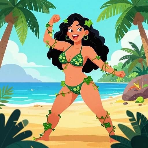 Digital illustration of a smiling Latina woman with long black hair, wearing a green floral bikini, vines around her body, standing on a sunny beach with palm