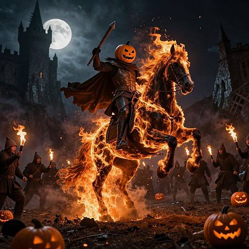 Photograph: Fire-engulfed, armored figure with Jack-o'-lantern helmet rides flaming horse, surrounded by torch-wielding warriors, under moon