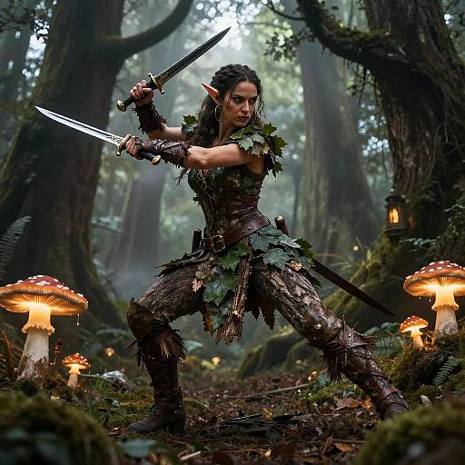 Digital fantasy artwork of a fierce, dark-haired elf warrior with pointed ears, dressed in leafy, tattered armor, wielding swords in a mystical forest
