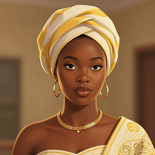 Photorealistic digital portrait of a beautiful dark-skinned African woman with a yellow and white headwrap, gold hoop earrings, and necklace, wearing an
