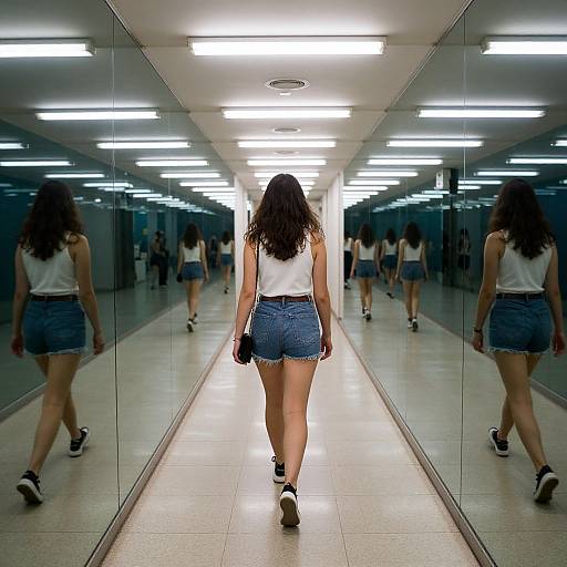 Photograph of a woman with long brown hair, wearing a white tank top and denim shorts, walking down a brightly lit, mirrored hallway, reflecting her