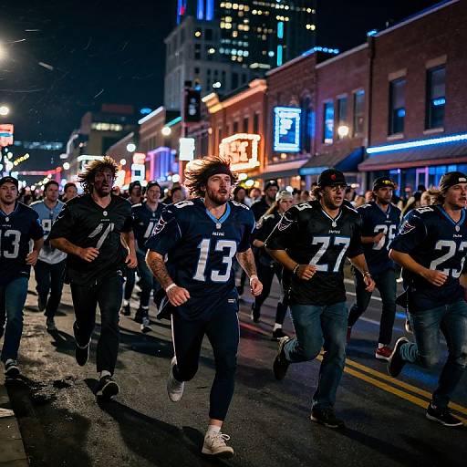 Photograph of a nighttime street parade featuring a group of men in black football jerseys with white numbers, running through a brightly lit urban area with neon signs