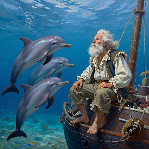 Digital painting of an old white-bearded sailor with a long white beard, wearing a tattered white shirt and brown pants, sitting on a wooden ship