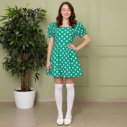 Photograph of a smiling woman with long brown hair in a green polka dot dress, white knee-high socks, and white shoes, standing in front