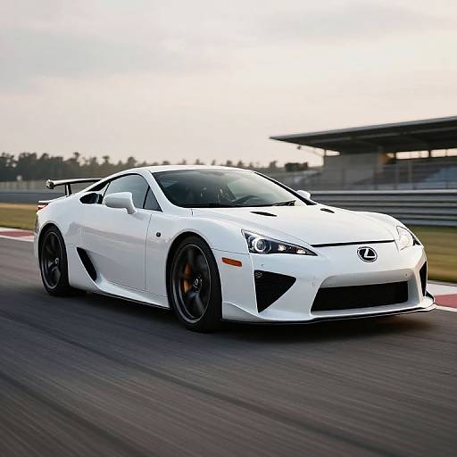 Photograph of a sleek, white Nissan GT-R racing car with black accents and wheels, speeding on a racetrack at dusk.