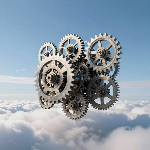 Photograph of metallic gears floating in a clear blue sky with fluffy white clouds below, creating a surreal, steampunk-like effect.