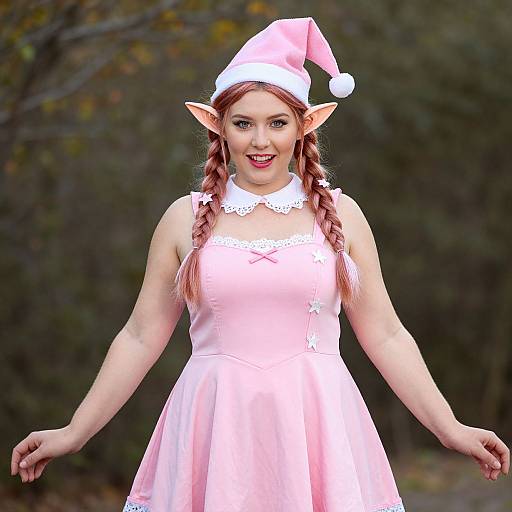 Photograph of a smiling woman with red braids, elf ears, pink Santa hat, and pink dress, standing in a forest.