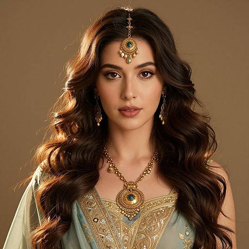 Photograph of a beautiful woman with long, wavy brown hair, wearing traditional Indian attire, gold jewelry, and a green and gold embroidered blouse,