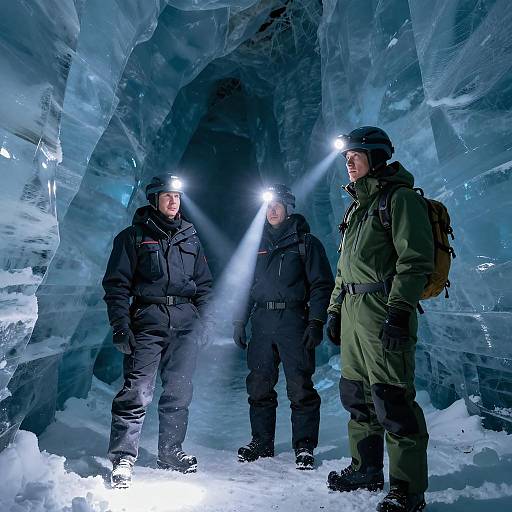 Adventurers Exploring a Blue Ice Cave
