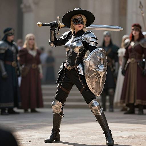 Digital CGI of a blonde woman in medieval armor, holding sword and shield, standing confidently in a sunlit, blurred courtyard with other armored figures in the