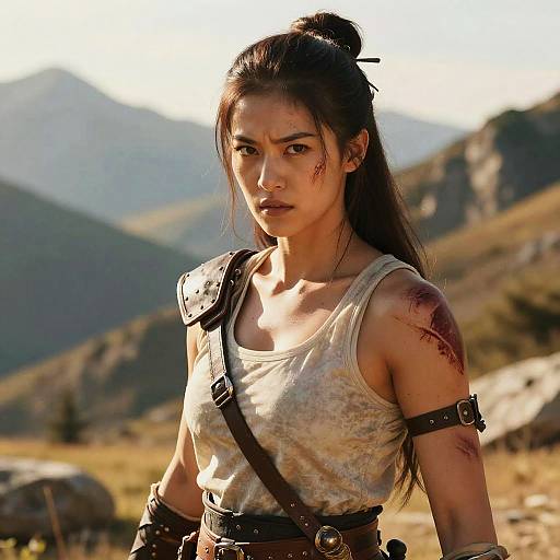 Fierce Warrior Woman with Battle Scars in Mountains