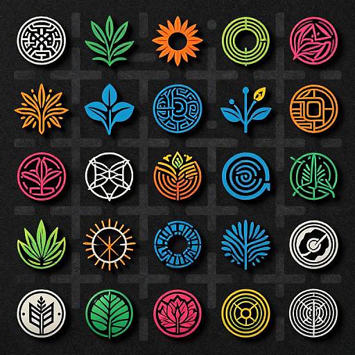Vibrant digital illustration of 24 colorful, symmetrical, nature-inspired symbols in a grid, each featuring distinct shapes and patterns on a dark background