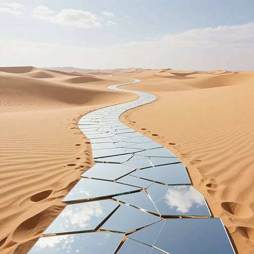 Photograph of a desert landscape with a winding, reflective glass pathway cutting through golden sand dunes under a bright blue sky.