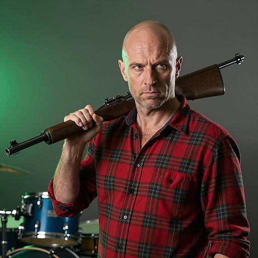 Intense Portrait of a Bald Man with Rifle