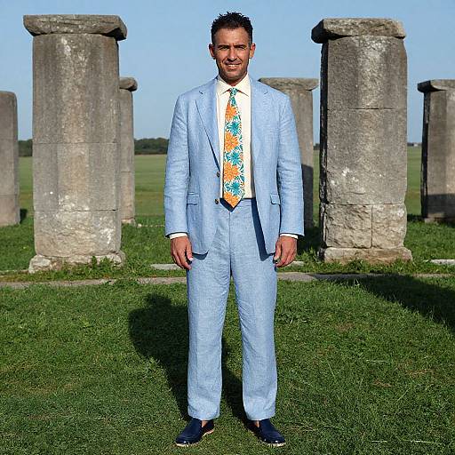 Photograph of a smiling man in light blue suit, bright orange and blue floral tie, standing on grassy field with ancient stone pillars in background.
