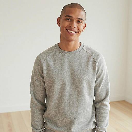 Photograph of a smiling young Black man with a shaved head, wearing a light gray sweatshirt, standing in a bright, minimalist room with wooden floors