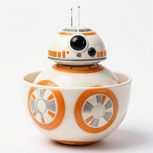 Photograph of a white and orange R2-D2-style droid with round buttons, black eye lens, and antenna, set against a white background