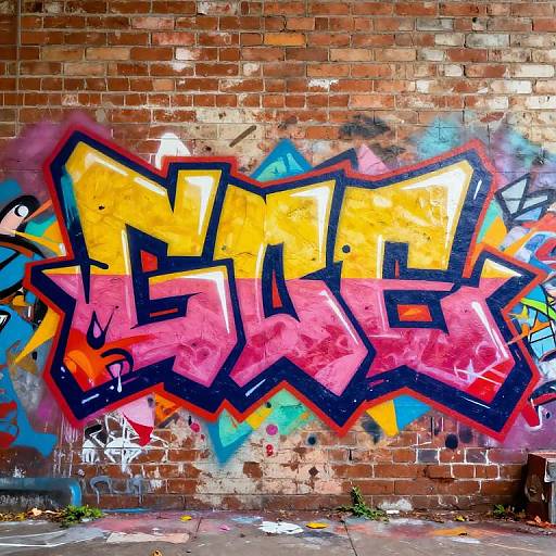 Vibrant graffiti on a brick wall featuring bold, colorful letters in yellow, pink, and blue with black outlines and splashes. Urban street art