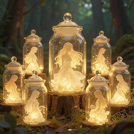 Photograph of glowing, translucent angel figures in glass jars on moss-covered tree stumps in a dim forest, illuminated by soft, warm light.