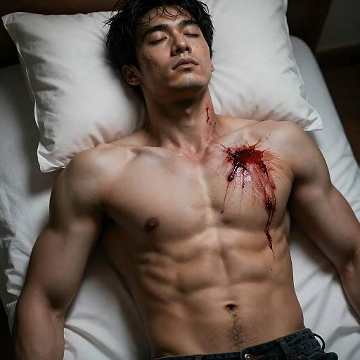 Bloodied Shirtless Man on White Pillow