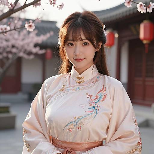 Photograph of a smiling East Asian woman in a traditional white Korean hanbok with pink and blue bird embroidery, standing in a cherry blossom garden.
