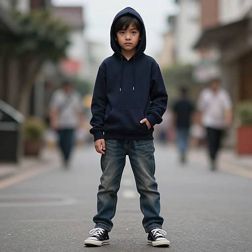 Photograph of a young boy with East Asian features, wearing a black hoodie and jeans, standing confidently in the middle of a blurred urban street.