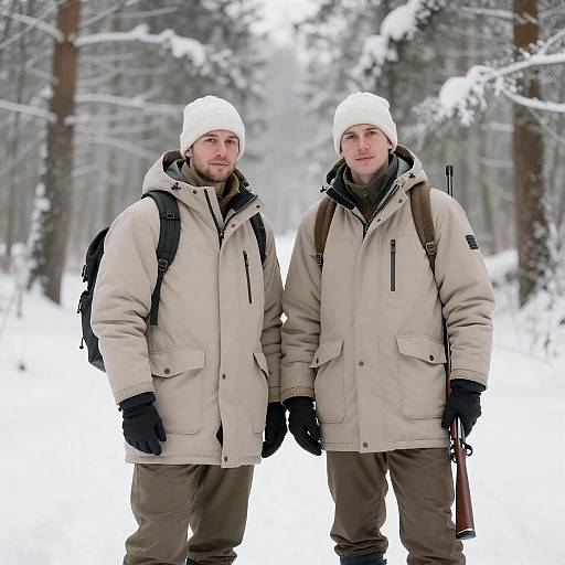 Two Men in Snowy Winter Forest