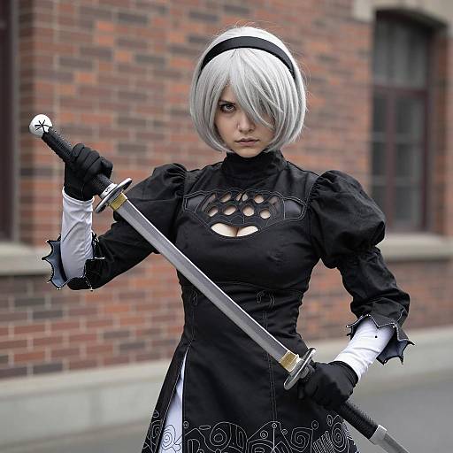 Cosplayer with Silver Hair and Sword
