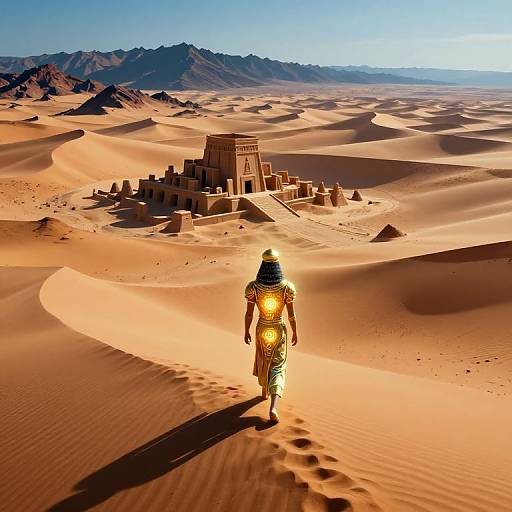 Photograph of a desert with sand dunes, a distant ancient stone structure, and a person in traditional desert attire with a glowing lantern, walking towards