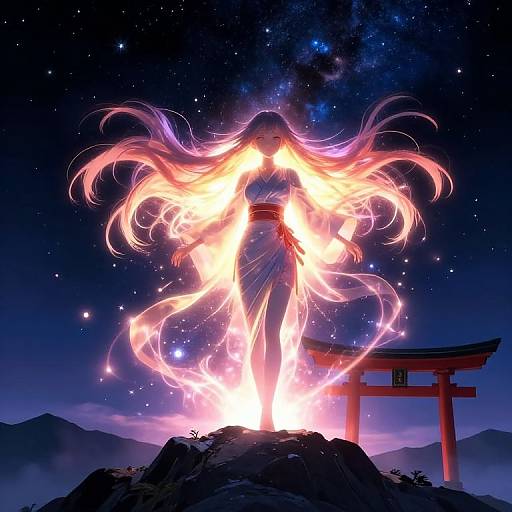 Digital anime-style artwork of a glowing, ethereal woman with long, fiery hair standing on a rock under a starry night sky, with a red