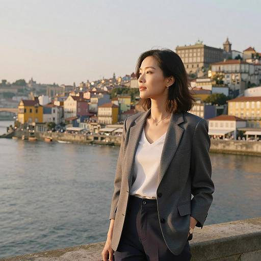 Stylish woman overlooking river cityscape at golden hour