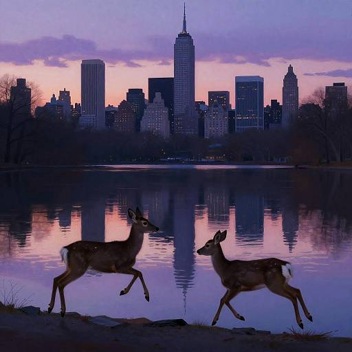 Photograph of two deer running near a reflective lake at dusk, with a city skyline featuring tall skyscrapers in the background under a pink and purple