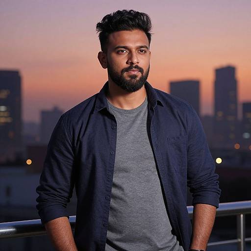 Photograph of a bearded, muscular South Asian man with short black hair, wearing a gray shirt and navy jacket, standing on a rooftop at sunset