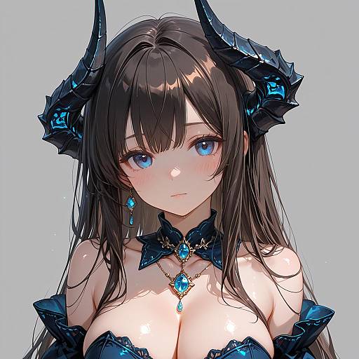Anime Girl with Blue Horns and Jewelry
