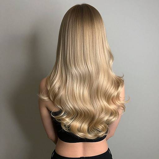 Photograph of a blonde woman with long, wavy, golden hair, facing away, wearing a black sports bra, against a plain grey background.
