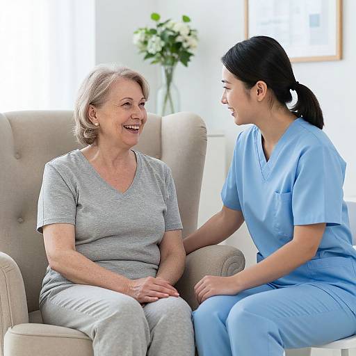 Photograph of an older woman in gray clothes, smiling, sitting in a beige armchair, talking to a young female nurse in blue scrubs,