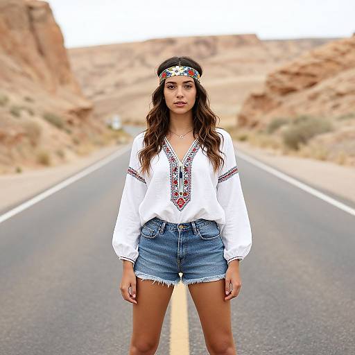 Photograph of a young woman with long brown hair, wearing a white bohemian blouse, denim shorts, and a colorful headband, standing on