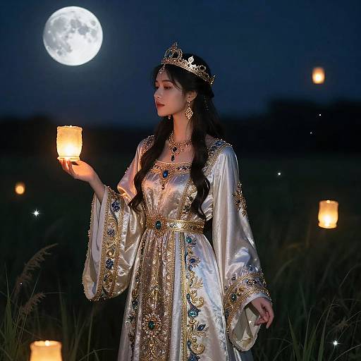 Photograph of a regal woman in a silver, gold-embroidered dress, holding a candle, under a moonlit sky, wearing a